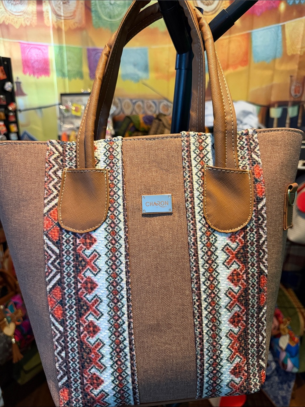 Brown Patterned Tote Bag with Woven Accent